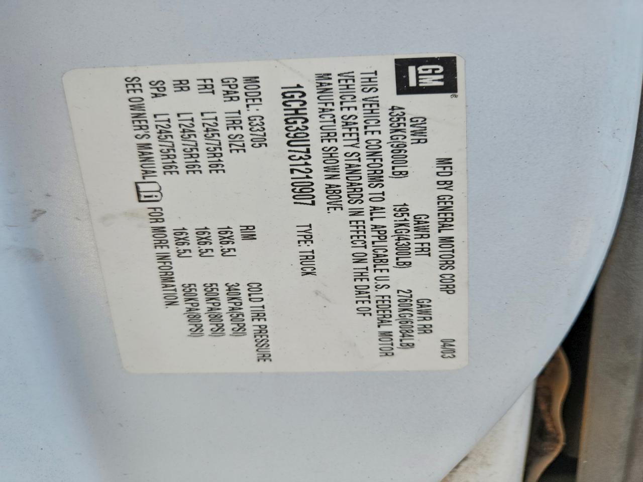 2003 Chevrolet Express G3500 VIN: 1GCHG39U731210907 Lot: 96885915