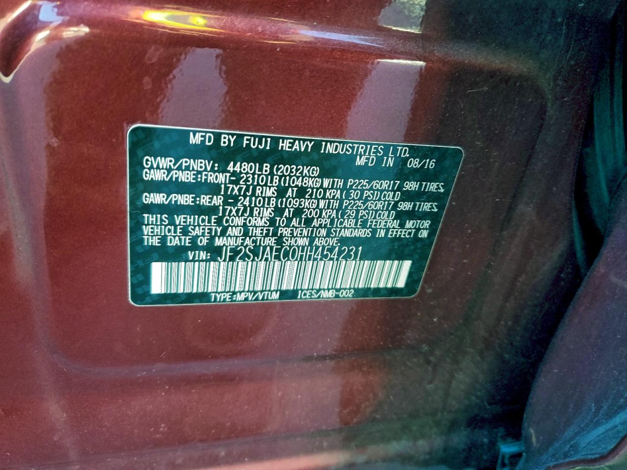 2017 Subaru Forester 2.5I Premium VIN: JF2SJAEC0HH454231 Lot: 96875535