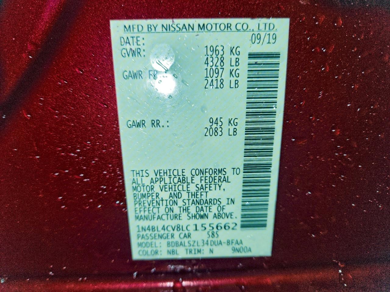 2020 Nissan Altima Sr VIN: 1N4BL4CV8LC155662 Lot: 94995185