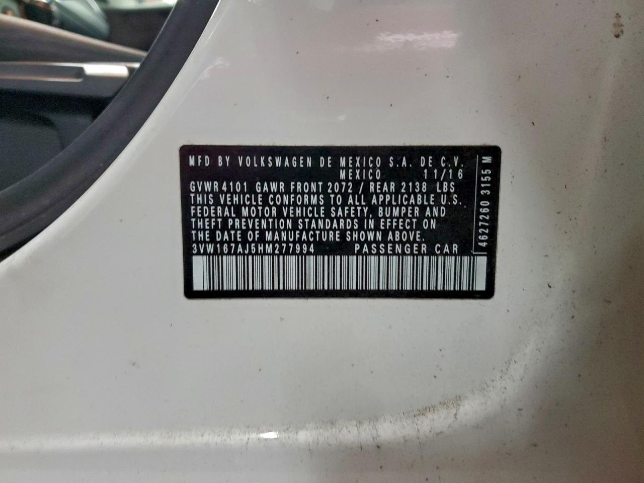2017 Volkswagen Jetta S VIN: 3VW167AJ5HM277994 Lot: 93688945