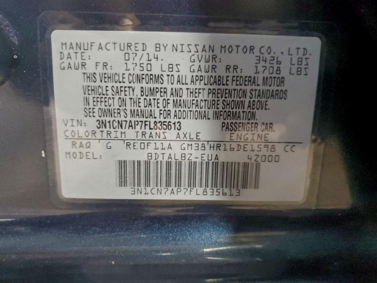 2015 Nissan Versa S VIN: 3N1CN7AP7FL835613 Lot: 95402595