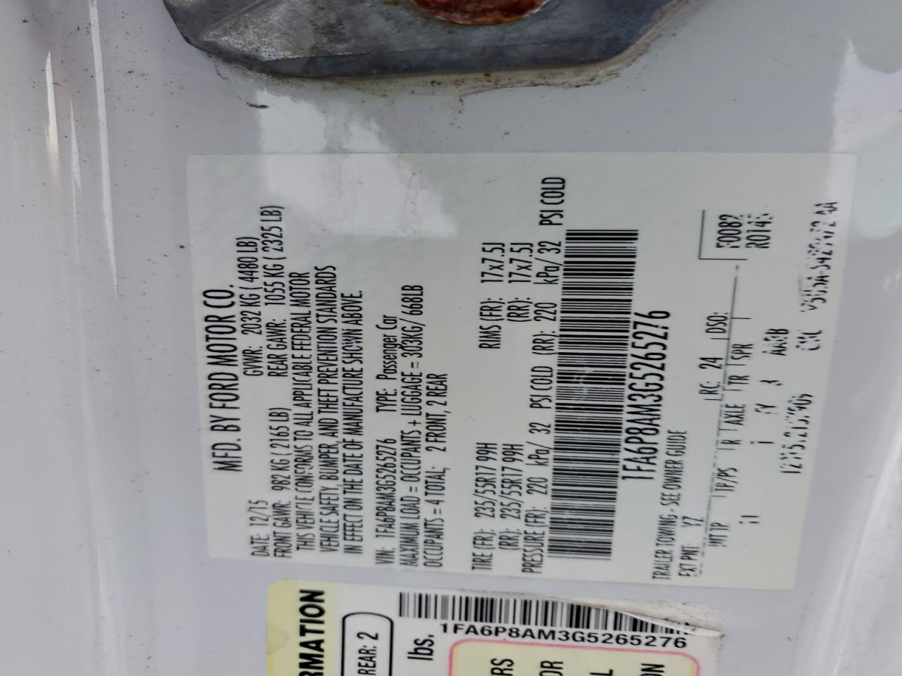 2016 Ford Mustang VIN: 1FA6P8AM3G5265276 Lot: 95533975