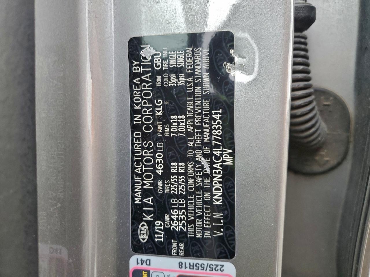 2020 Kia Sportage Ex VIN: KNDPN3AC4L7783541 Lot: 93996445