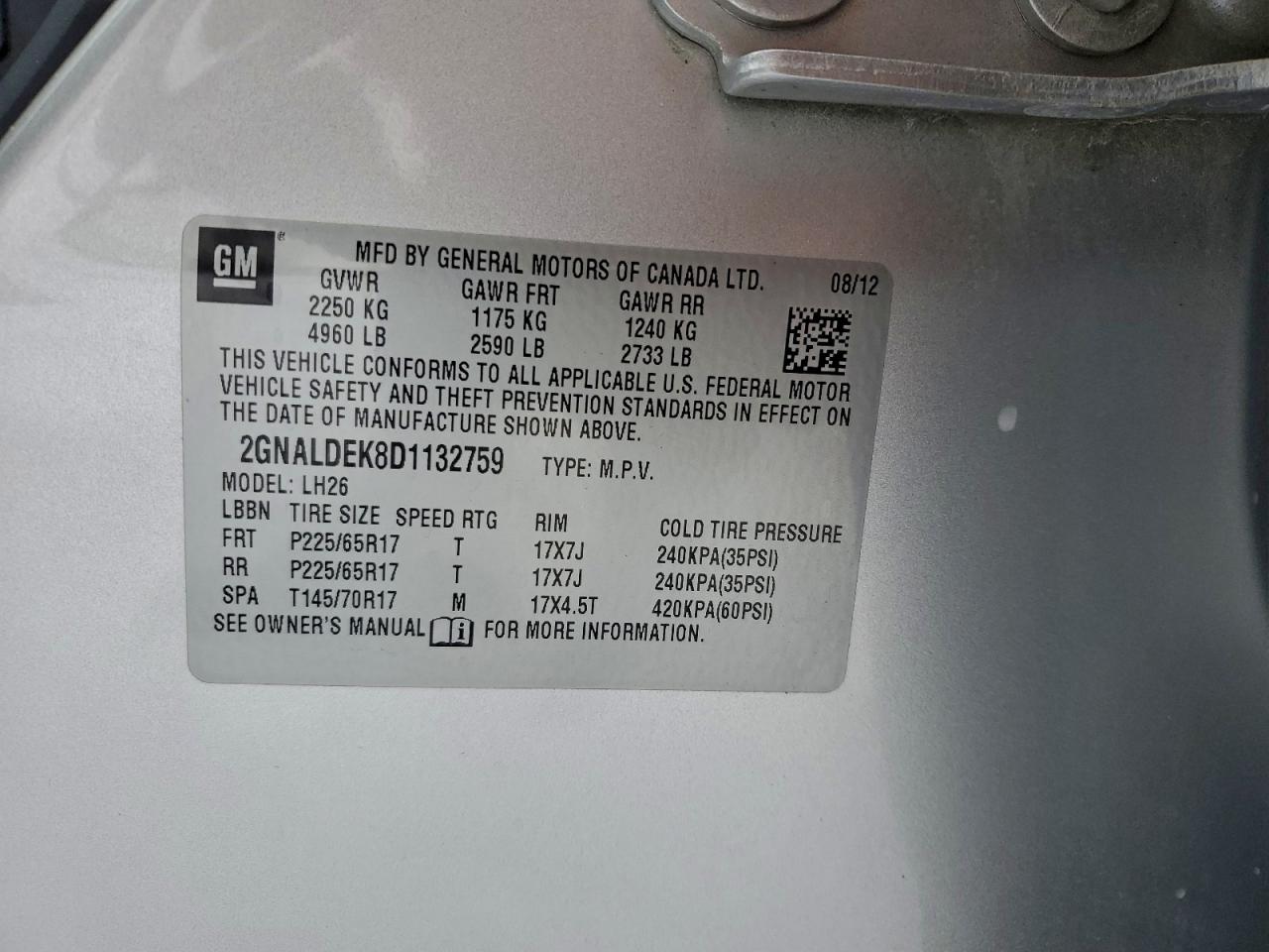 2013 Chevrolet Equinox Lt VIN: 2GNALDEK8D1132759 Lot: 94371565