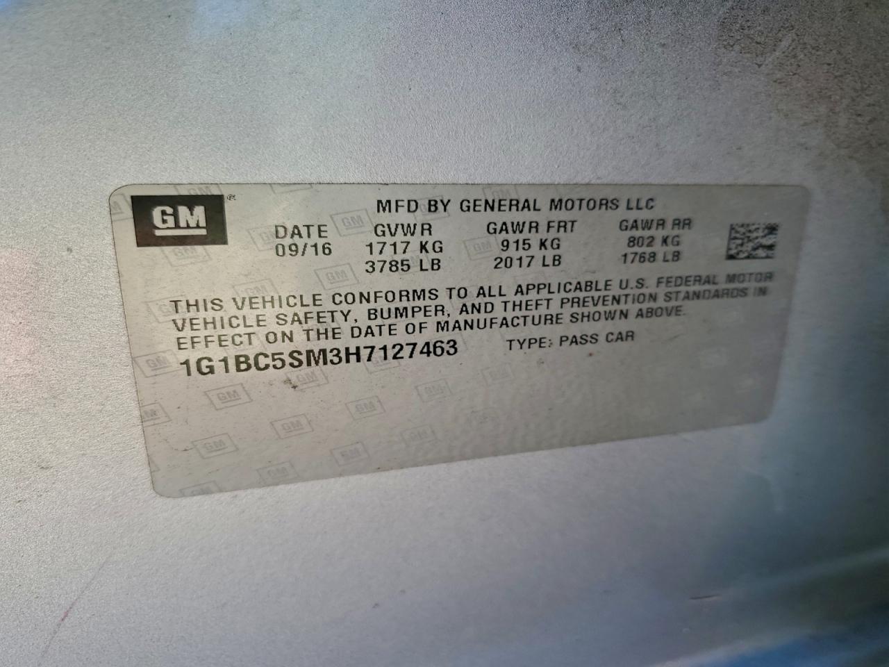 2017 Chevrolet Cruze Ls VIN: 1G1BC5SM3H7127463 Lot: 91670925