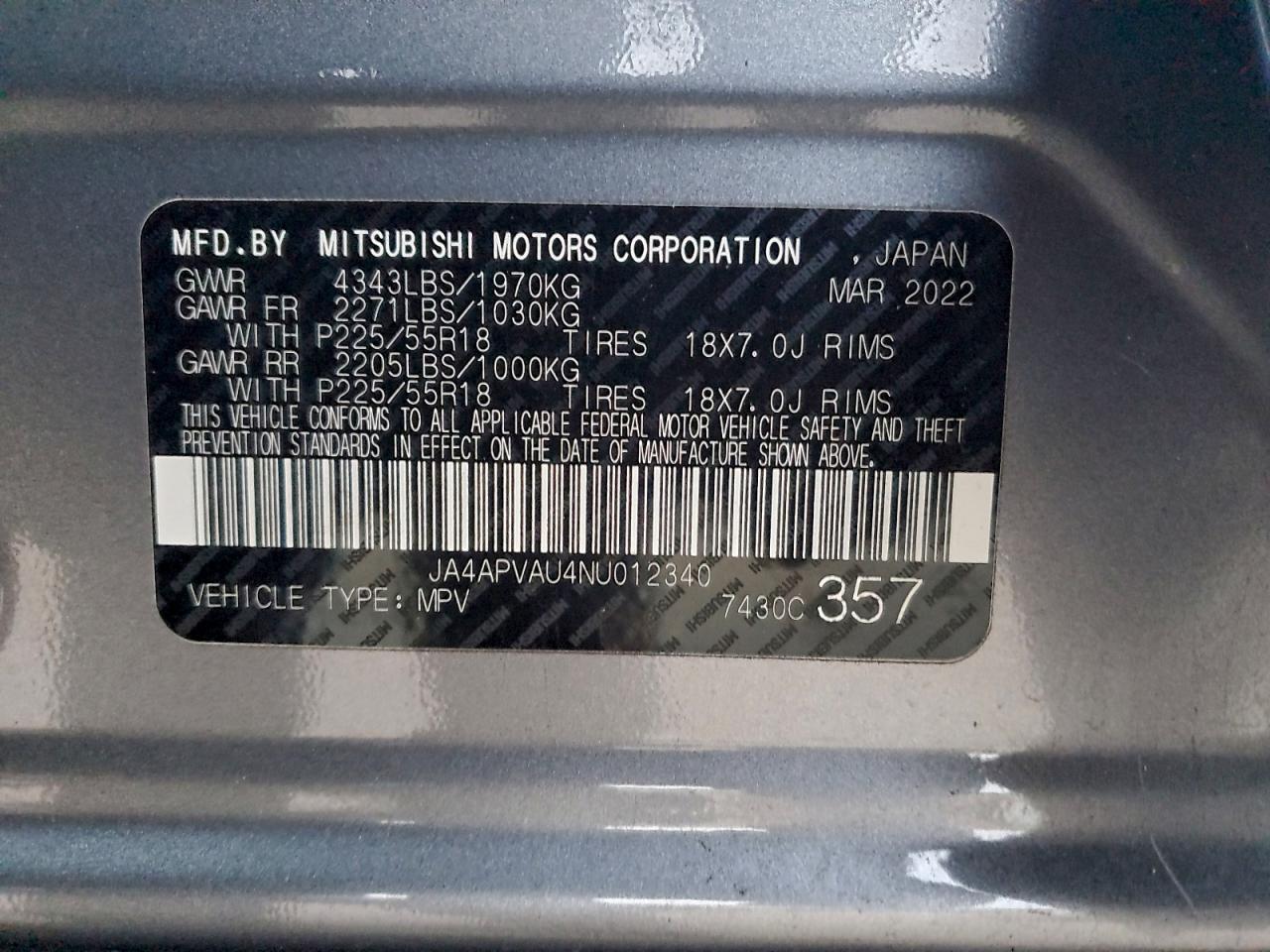 2022 Mitsubishi Outlander Sport Se VIN: JA4APVAU4NU012340 Lot: 94851175