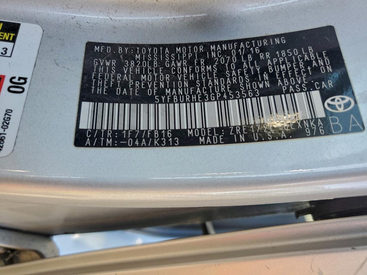 2016 Toyota Corolla L VIN: 5YFBURHE3GP453563 Lot: 96317225