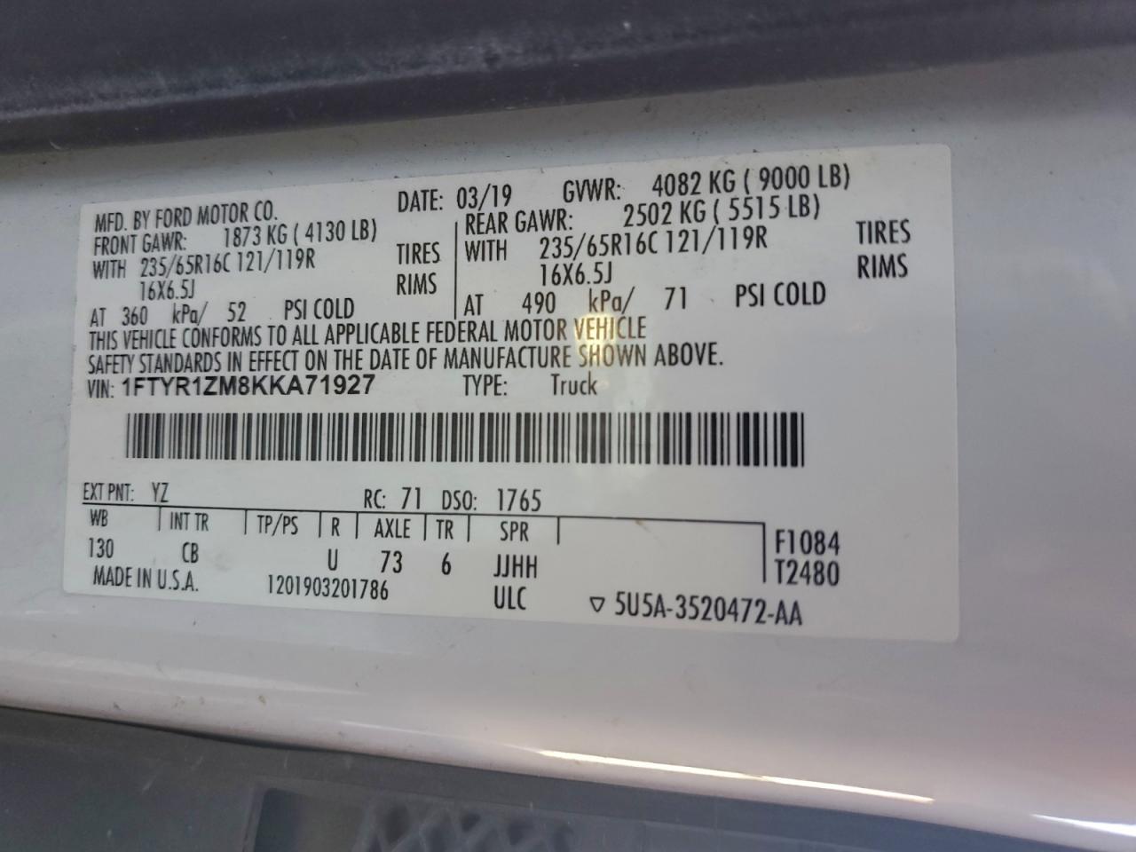 2019 Ford Transit 250 Delivery Van VIN: 1FTYR1ZM8KKA71927 Lot: 95777905