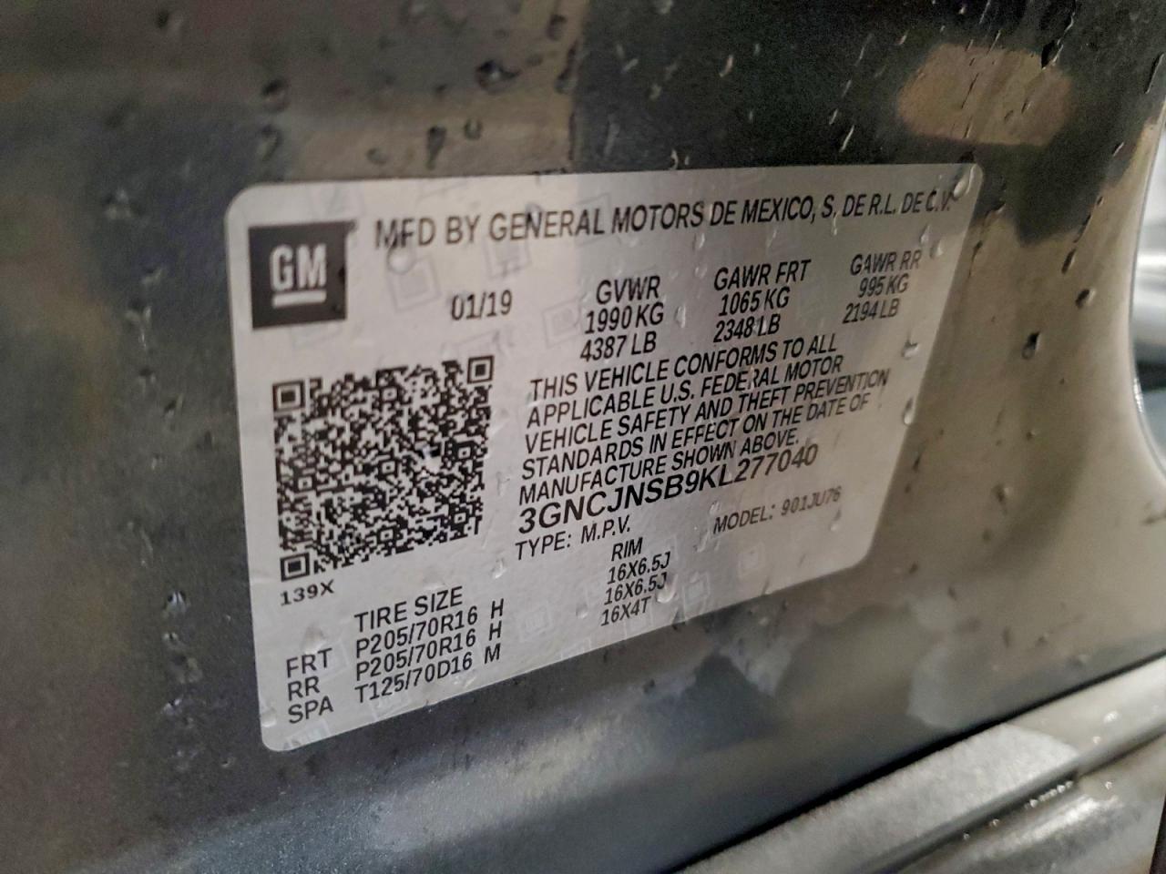 2019 Chevrolet Trax Ls VIN: 3GNCJNSB9KL277040 Lot: 95916175