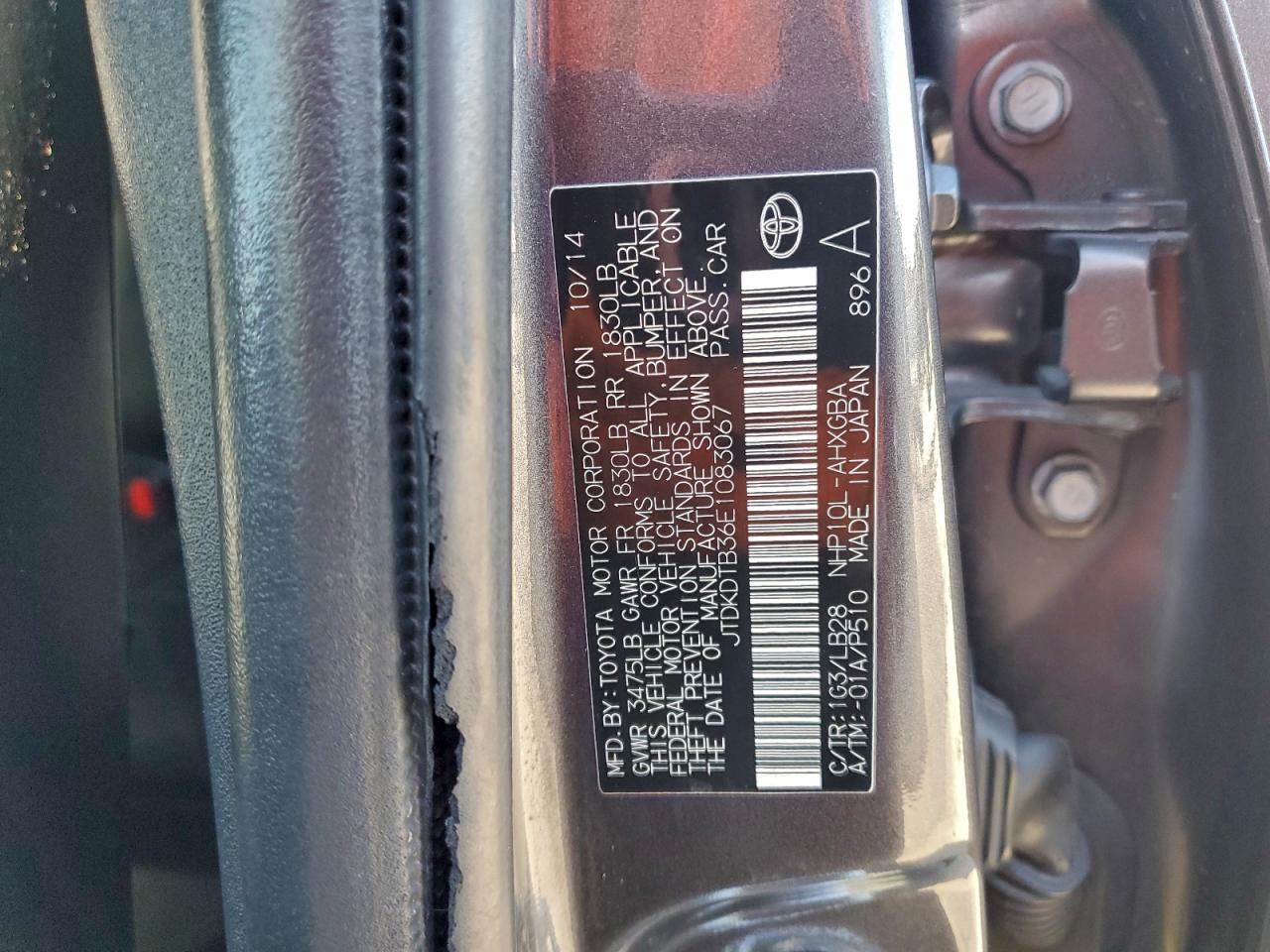 2014 Toyota Prius C VIN: JTDKDTB36E1083067 Lot: 96464455