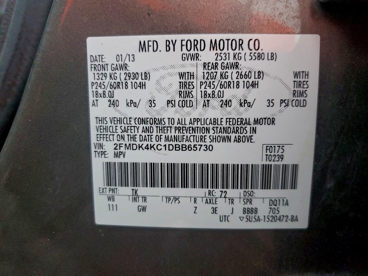 2013 Ford Edge Limited VIN: 2FMDK4KC1DBB65730 Lot: 95940635