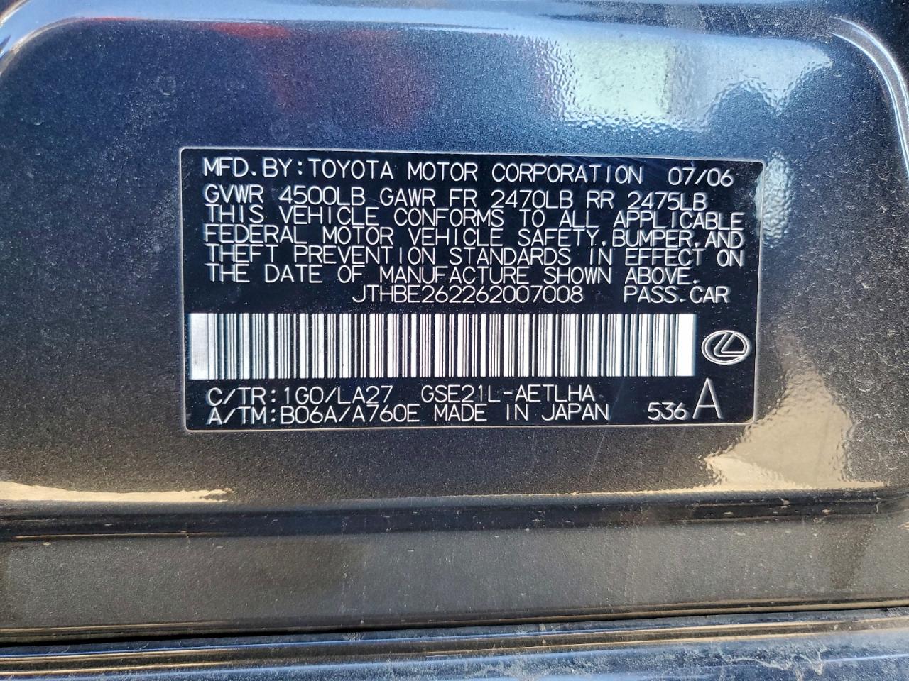 2006 Lexus Is 350 VIN: JTHBE262262007008 Lot: 96606815