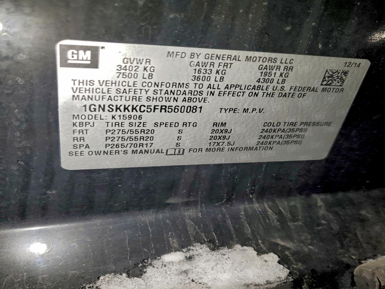 2015 Chevrolet Suburban K1500 Ltz VIN: 1GNSKKKC5FR560081 Lot: 95162785