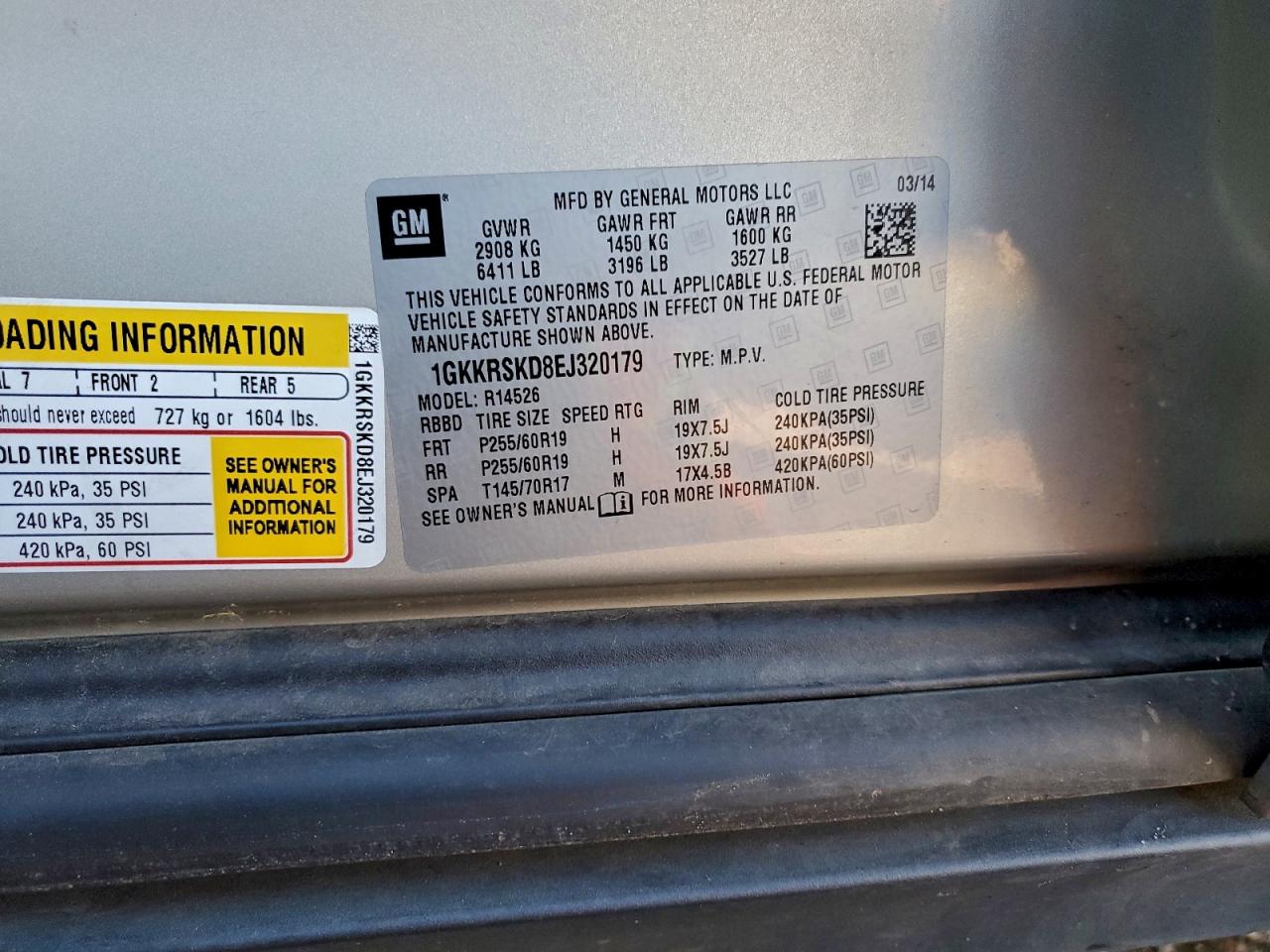 2014 GMC Acadia Slt-2 VIN: 1GKKRSKD8EJ320179 Lot: 95255235