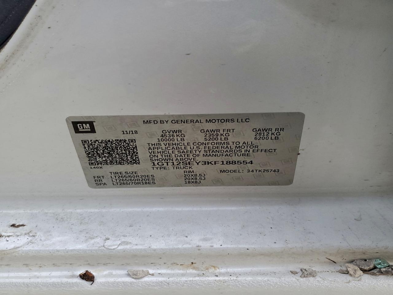 2019 GMC Sierra K2500 Denali VIN: 1GT12SEY3KF188554 Lot: 94934295