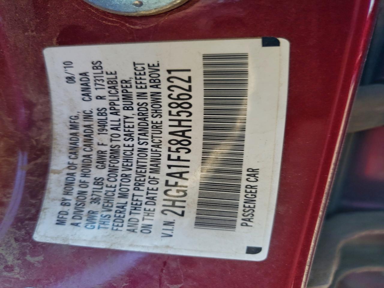 2010 Honda Civic Lx VIN: 2HGFA1F58AH586221 Lot: 94497305