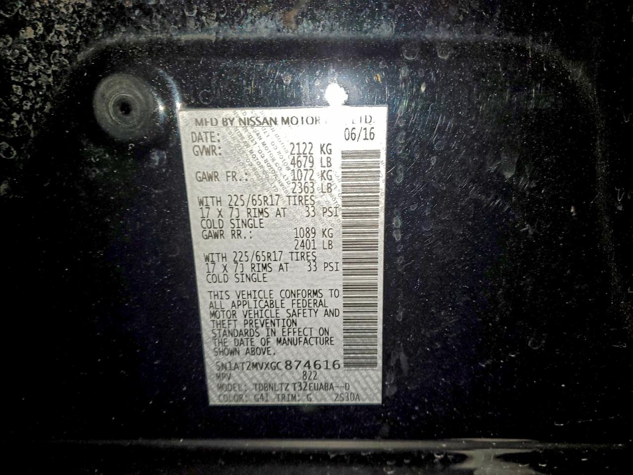 2016 Nissan Rogue S VIN: 5N1AT2MVXGC874616 Lot: 94914275