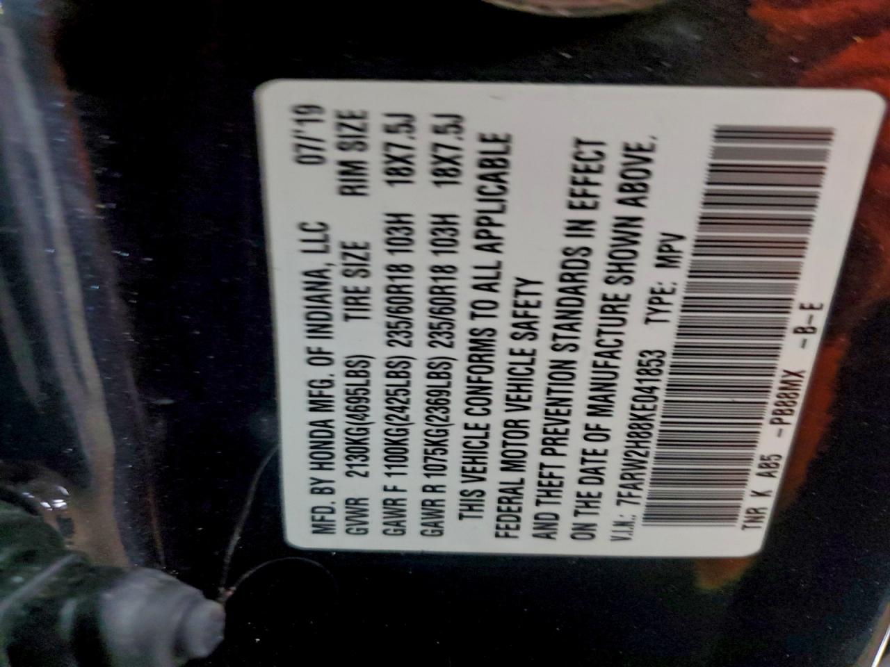 2019 Honda Cr-V Exl VIN: 7FARW2H88KE041853 Lot: 95405335