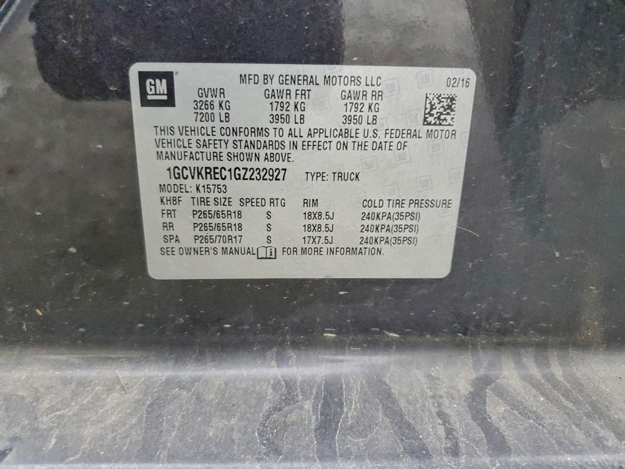 2016 Chevrolet Silverado K1500 Lt VIN: 1GCVKREC1GZ232927 Lot: 94508205