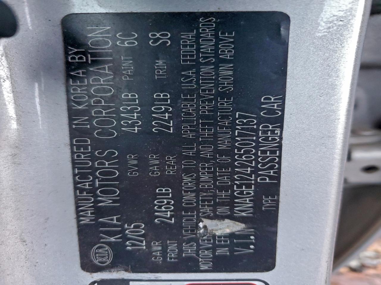 2006 Kia Optima Lx VIN: KNAGE124265017137 Lot: 96114365