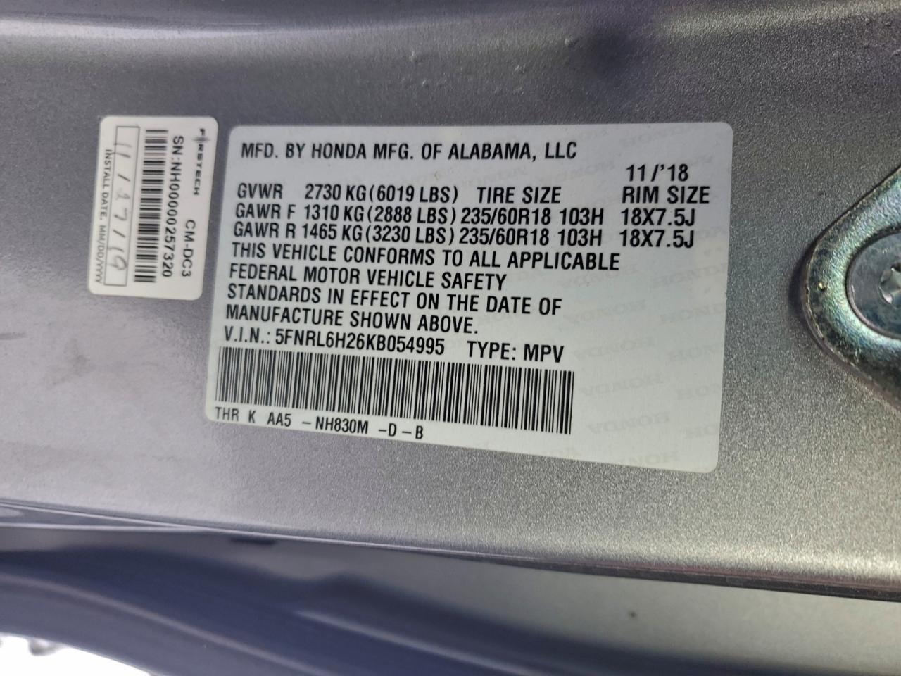 2019 Honda Odyssey Lx VIN: 5FNRL6H26KB054995 Lot: 96170725