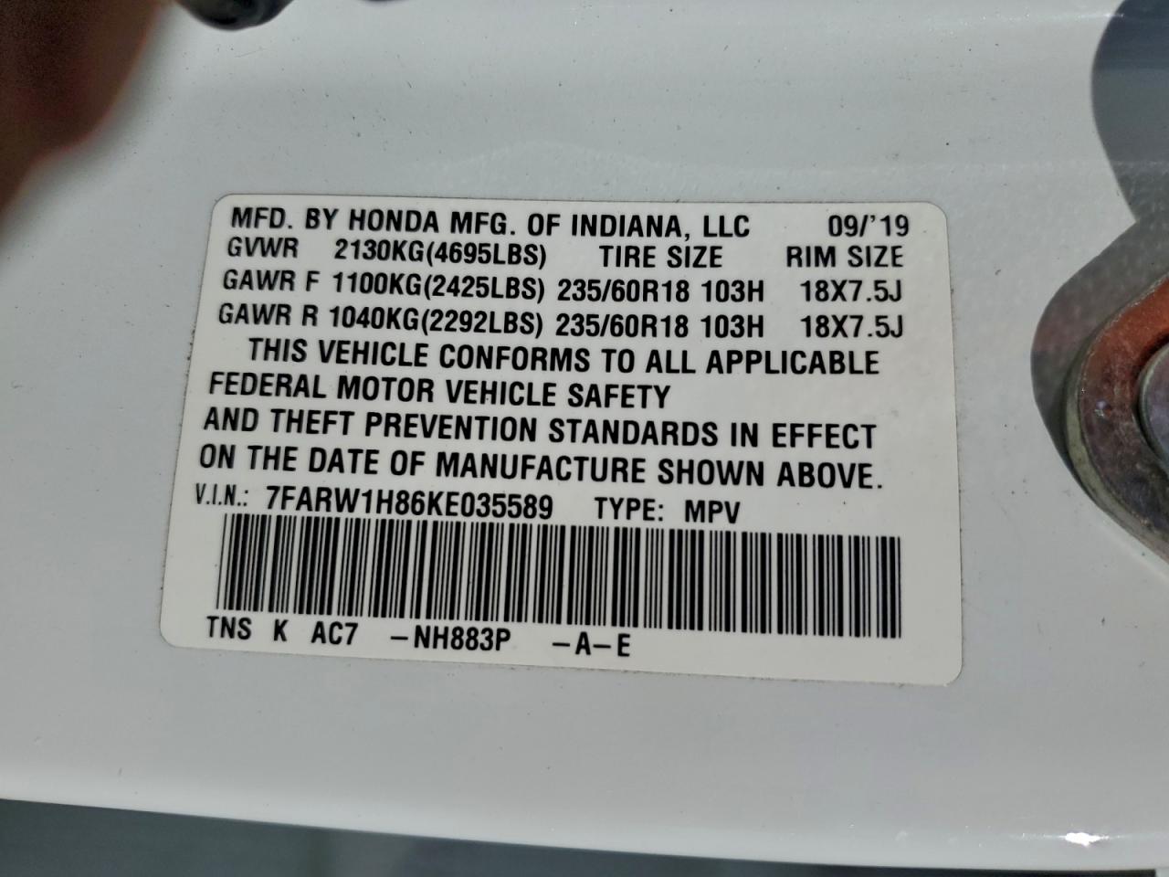 2019 Honda Cr-V Exl VIN: 7FARW1H86KE035589 Lot: 95995175