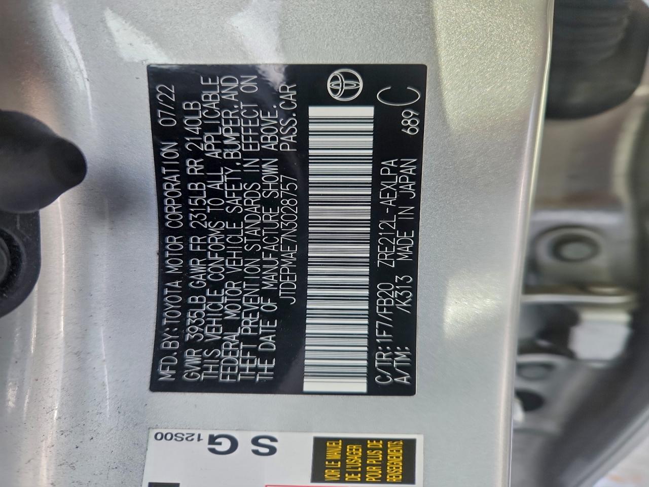 2022 Toyota Corolla Le VIN: JTDEPMAE7N3028757 Lot: 94555695