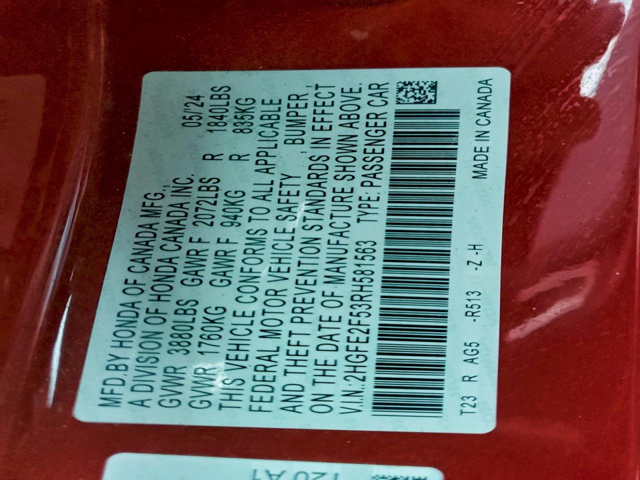 2024 Honda Civic Sport VIN: 2HGFE2F53RH581563 Lot: 97233335