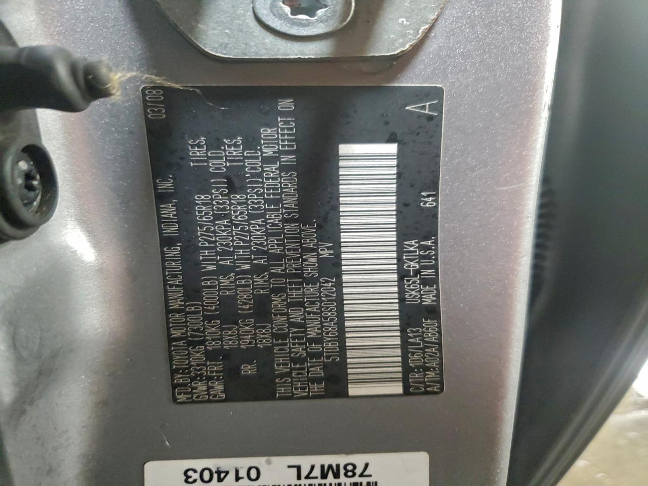 2008 Toyota Sequoia Limited VIN: 5TDBY68A58S012042 Lot: 95036885