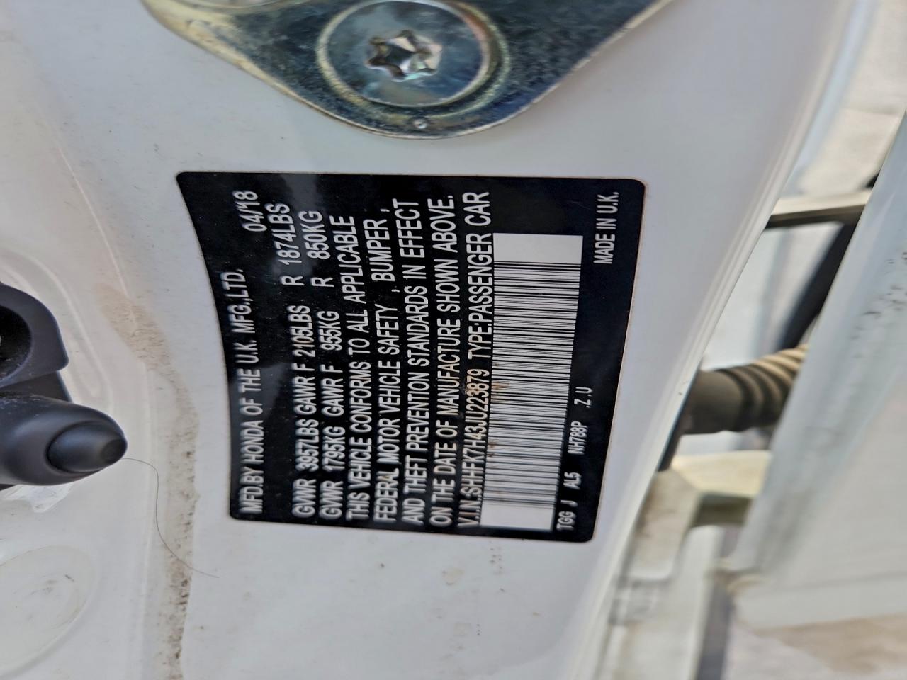 2018 Honda Civic Sport VIN: SHHFK7H43JU223879 Lot: 94972935