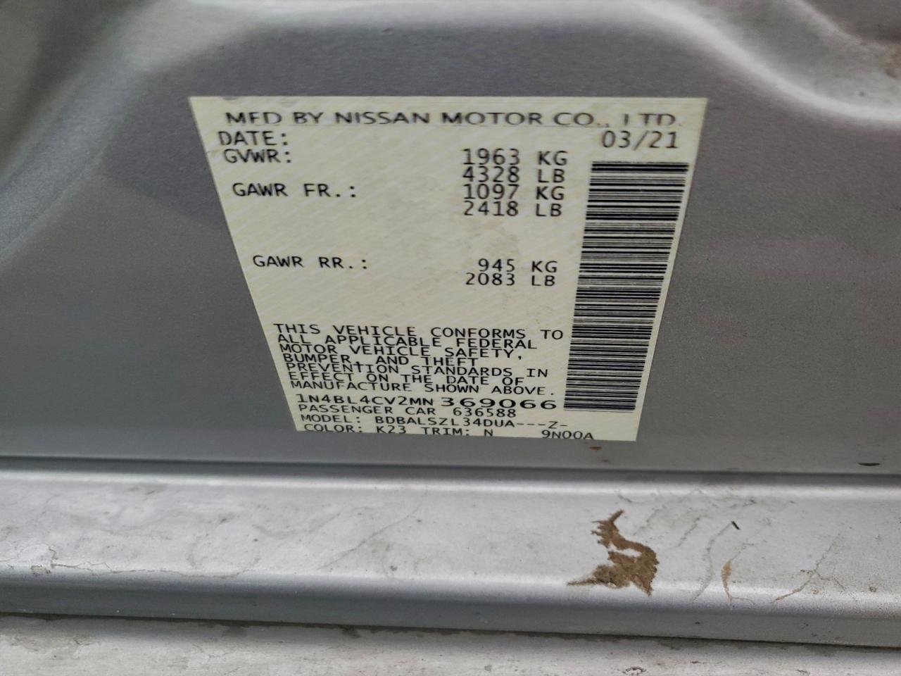 2021 Nissan Altima Sr VIN: 1N4BL4CV2MN369066 Lot: 94002795