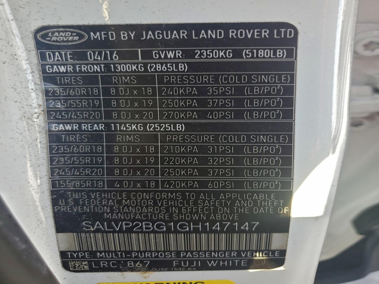 2016 Land Rover Range Rover Evoque Se VIN: SALVP2BG1GH147147 Lot: 95899565