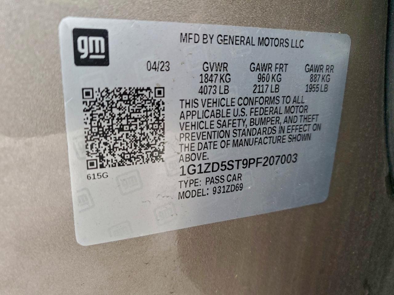 2023 Chevrolet Malibu Lt VIN: 1G1ZD5ST9PF207003 Lot: 96522735