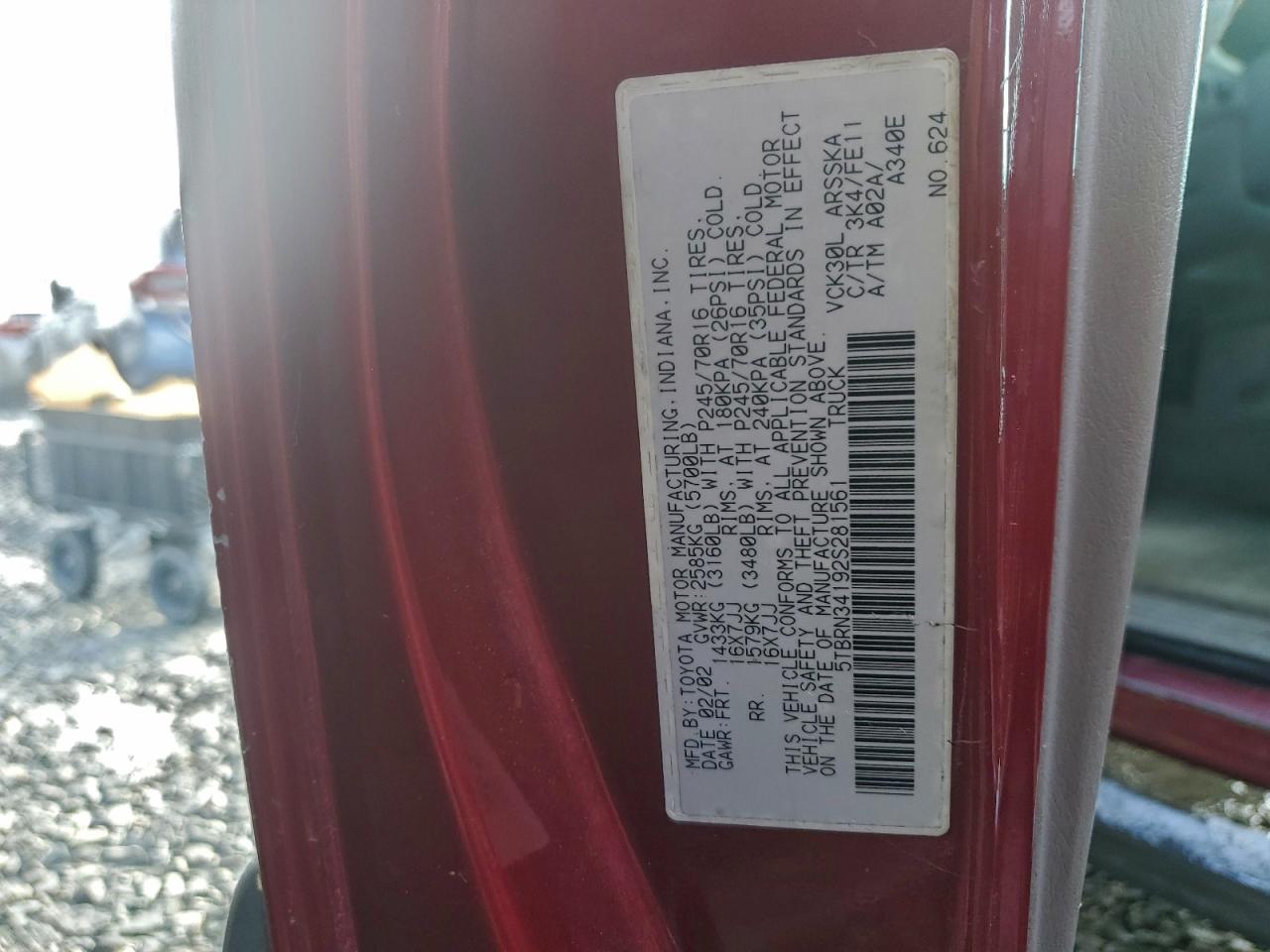 2002 Toyota Tundra Access Cab Sr5 VIN: 5TBRN34192S281561 Lot: 95015485