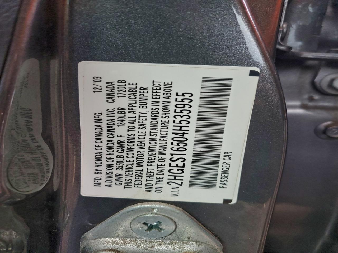 2004 Honda Civic Lx VIN: 2HGES16504H535955 Lot: 95868935