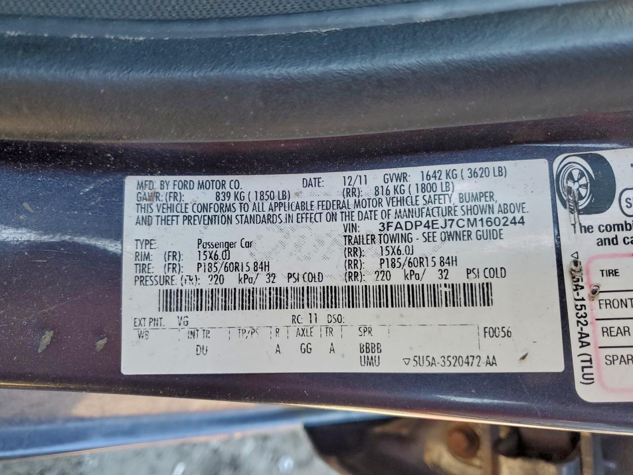 2012 Ford Fiesta Se VIN: 3FADP4EJ7CM160244 Lot: 96641735