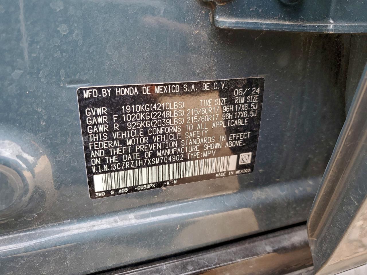 2025 Honda Hr-V Exl VIN: 3CZRZ1H7XSM704902 Lot: 95090115