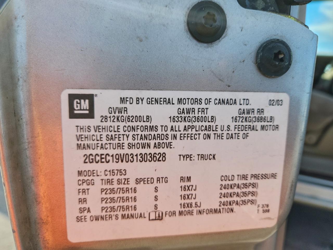 2003 Chevrolet Silverado C1500 VIN: 2GCEC19V031303628 Lot: 94770495