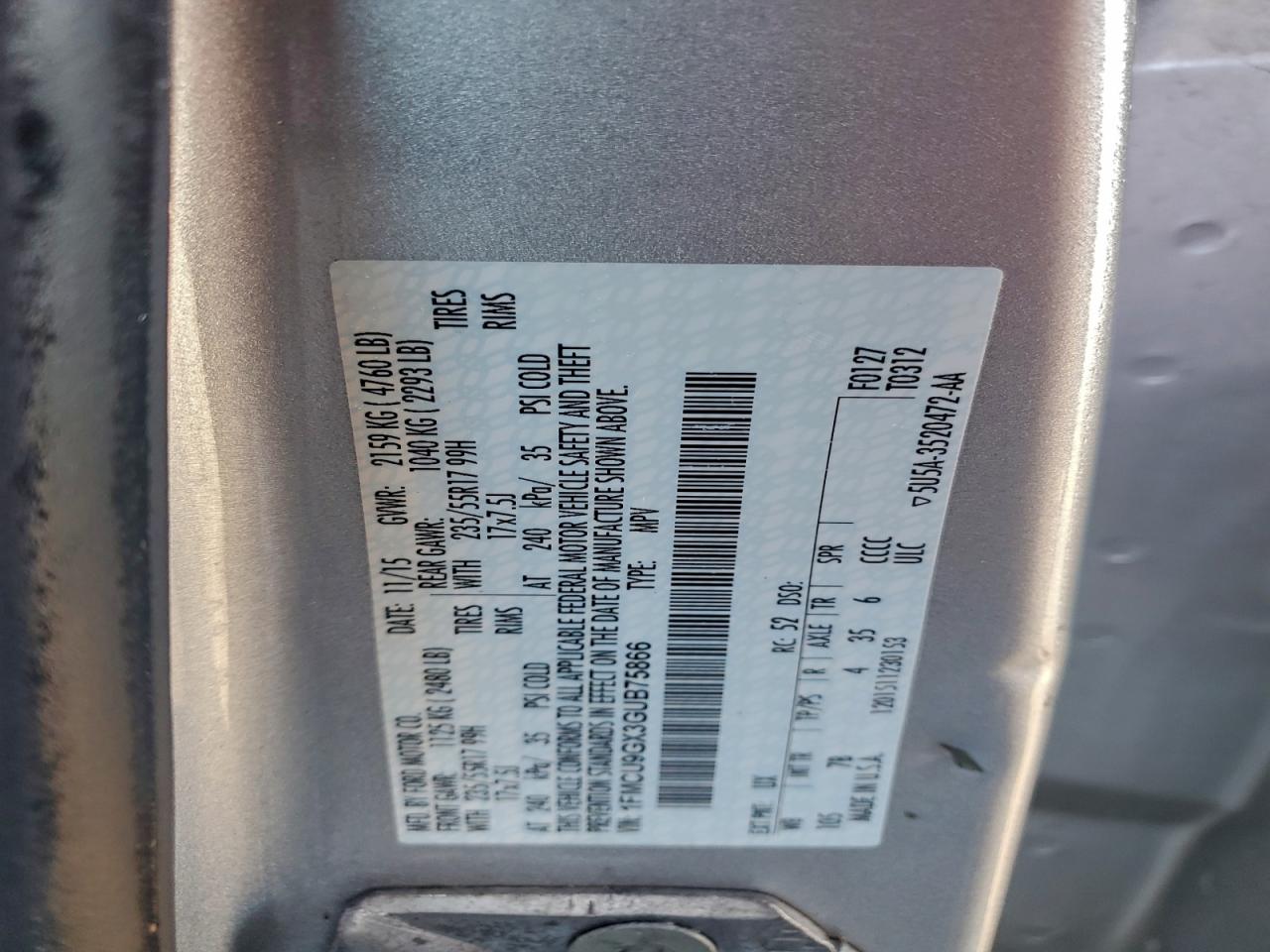 2016 Ford Escape Se VIN: 1FMCU9GX3GUB75866 Lot: 95094085