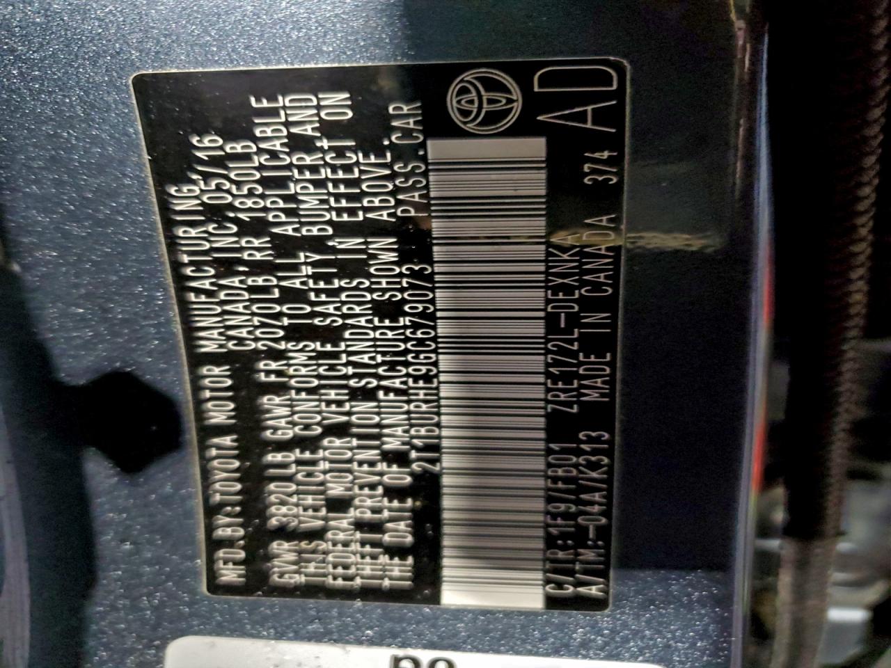 2016 Toyota Corolla L VIN: 2T1BURHE9GC679073 Lot: 95159675