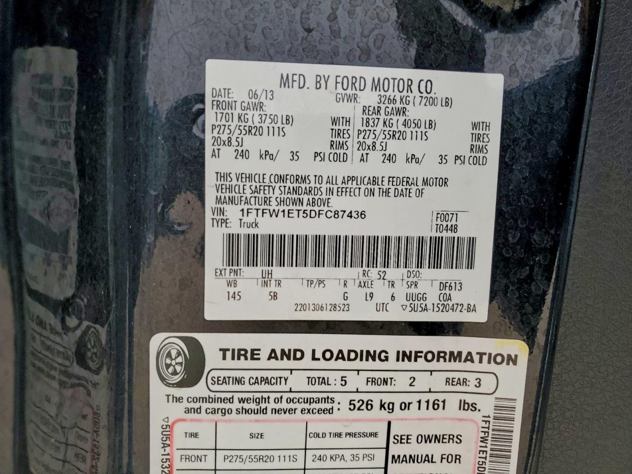 2013 Ford F150 Supercrew VIN: 1FTFW1ET5DFC87436 Lot: 94482205