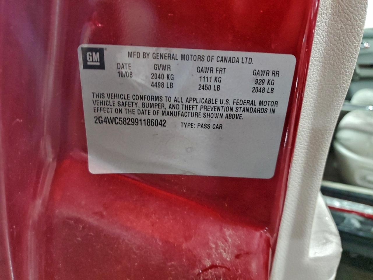 2009 Buick Lacrosse Cx VIN: 2G4WC582991186042 Lot: 96201355