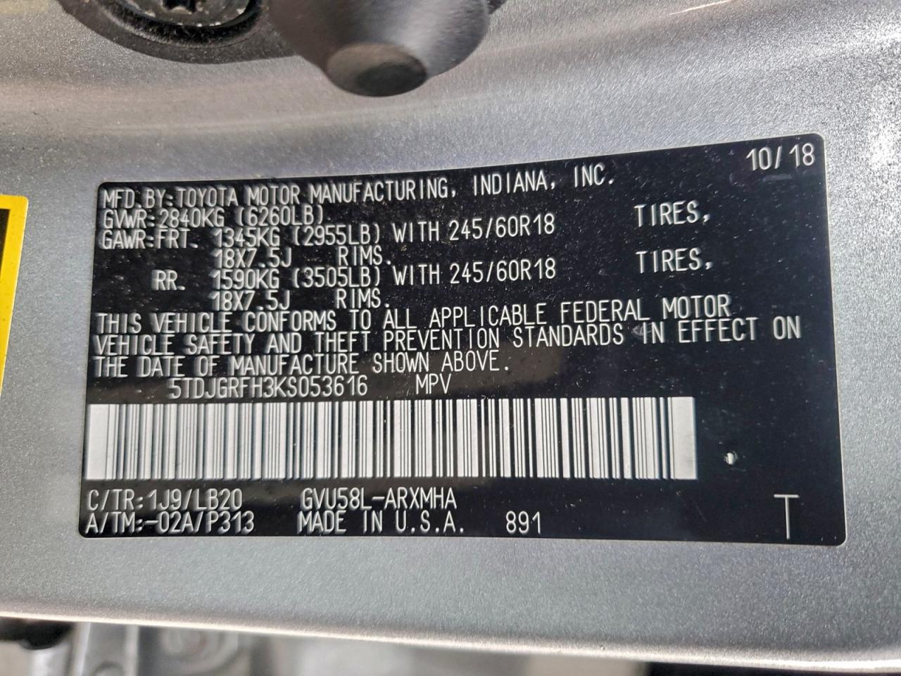 2019 Toyota Highlander Hybrid VIN: 5TDJGRFH3KS053616 Lot: 95110655