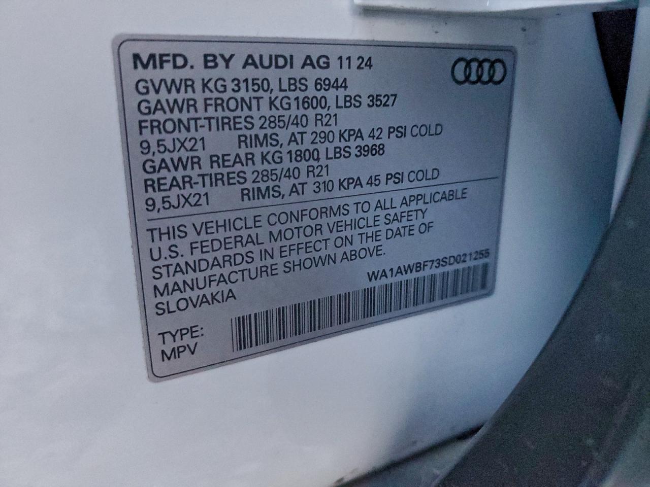 2025 Audi Sq7 Premium Plus VIN: WA1AWBF73SD021255 Lot: 95136835