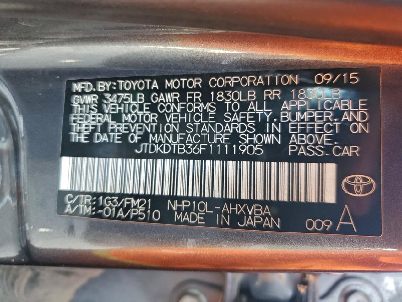 2015 Toyota Prius C VIN: JTDKDTB36F1111905 Lot: 95316295