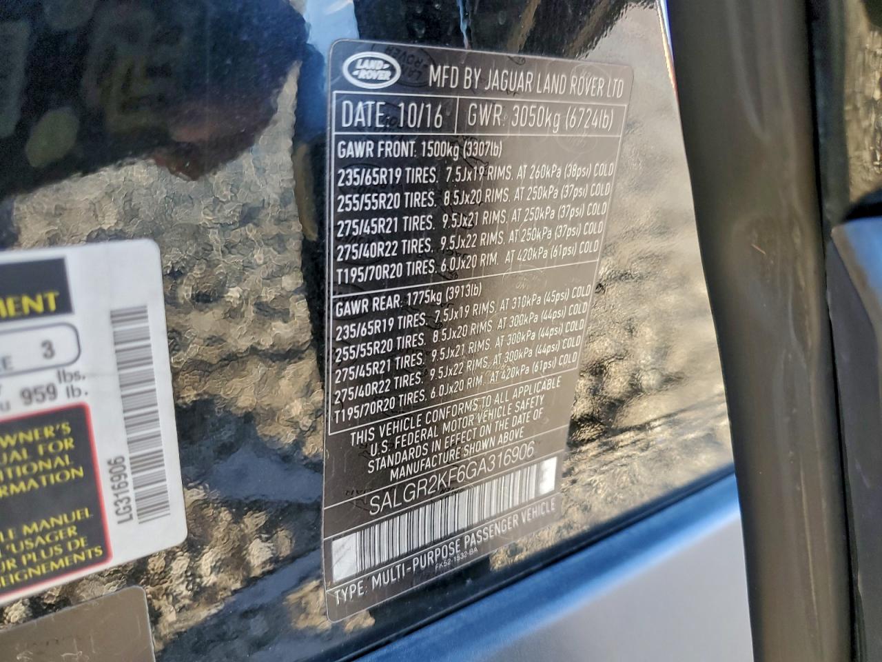 2016 Land Rover Range Rover VIN: SALGR2KF6GA316906 Lot: 94805775