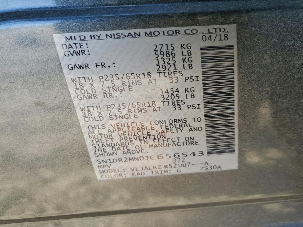 2018 Nissan Pathfinder S VIN: 5N1DR2MN0JC656543 Lot: 96596285