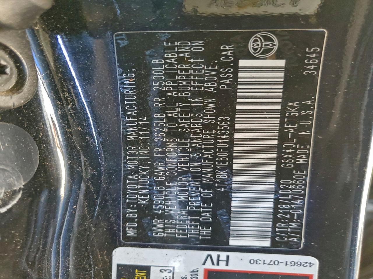 2015 Toyota Avalon Xle VIN: 4T1BK1EB0FU143563 Lot: 95901655