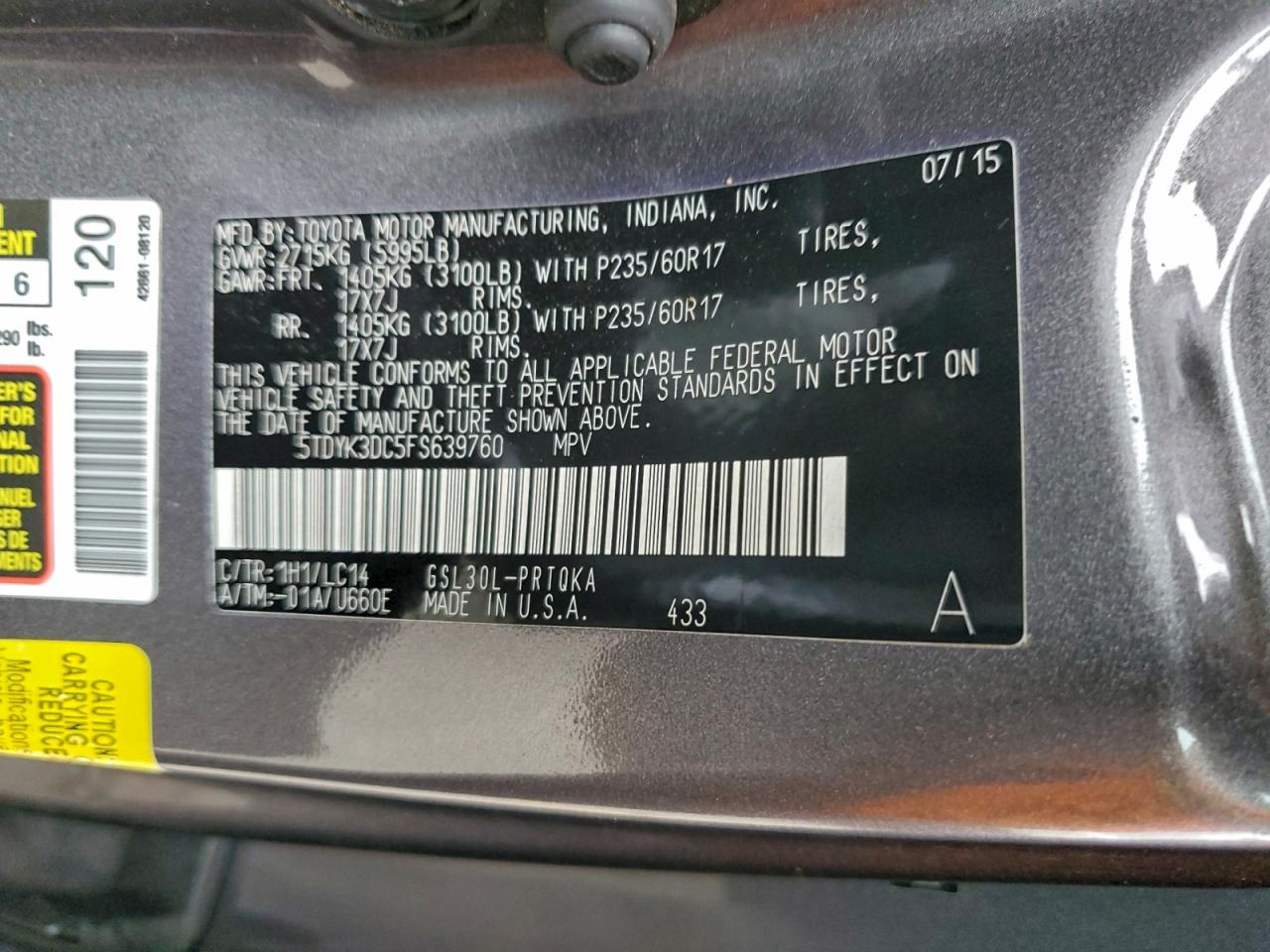 2015 Toyota Sienna Xle VIN: 5TDYK3DC5FS639760 Lot: 96832025