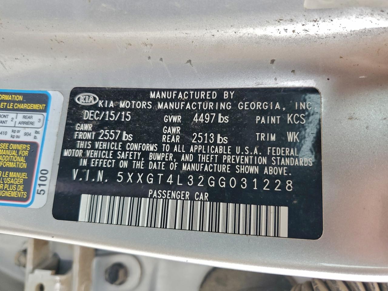 2016 Kia Optima Lx VIN: 5XXGT4L32GG031228 Lot: 97664205